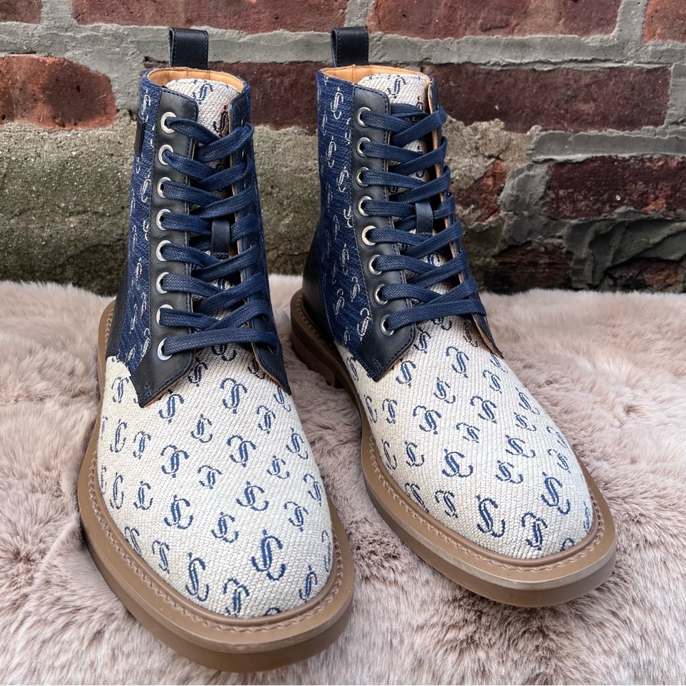 NEW Size 39.5 Jimmy Choo Turing/M Sand Dune Navy Logo Print Combat Moto Boots - Picture 3 of 12